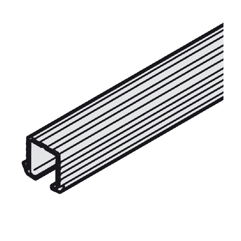 Carril Sencillo Superior Slido F-Line21 - Aluminio Natural Estriado - 3500 mm. Para puertas correderas de hasta 40 kg. Perfil compacto 16x13 mm. Admite puertas de hasta 2400 mm de altura. Instalación versátil: presión en ranura, adhesivo o tornillos. Acabado estético con superficie estriada.
