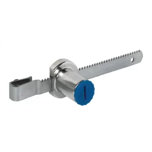 Cerradura puerta corredera cristal Häfele Symo EC 4-7mm. Caja zinc niquelado mate, varilla acero inoxidable, núcleo intercambiable. Montaje inserción, bombillo deslizante. Ideal armarios y mamparas cristal.