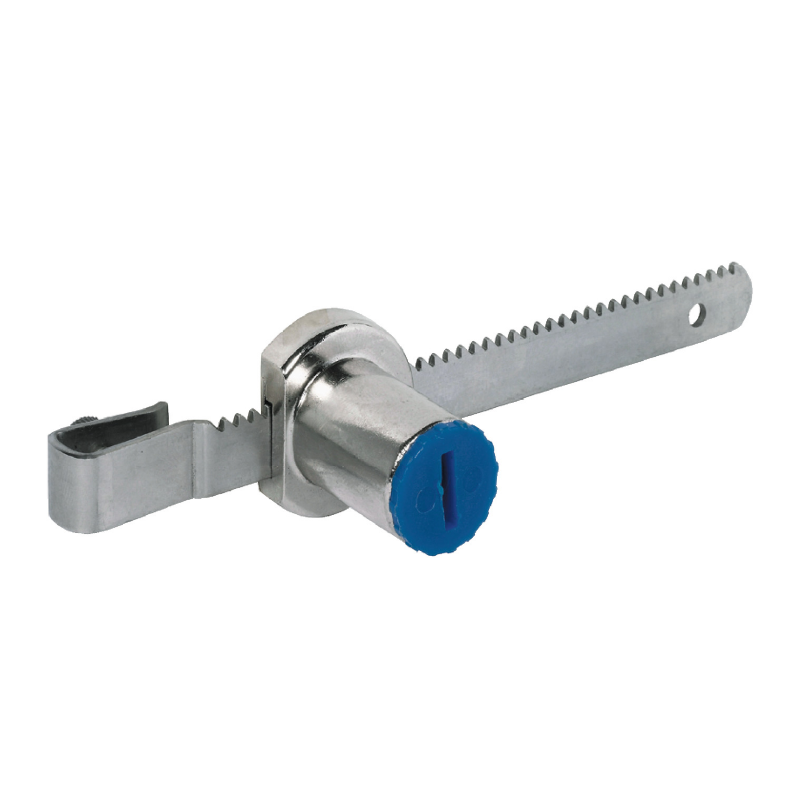 Cerradura puerta corredera cristal Häfele Symo EC 4-7mm. Caja zinc niquelado mate, varilla acero inoxidable, núcleo intercambiable. Montaje inserción, bombillo deslizante. Ideal armarios y mamparas cristal.