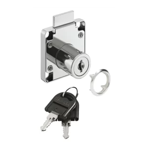 Información sobre el artículo Material Fundición de zinc a presión Color/Superficie Cromado, Pulido Ejecución Con bombillo de chapitas Cierres iguales Cierres diferentes Ámbito de aplicación Para fabricación de muebles en serie Longitud de la caja del cilindro 21,50 mm Diámetro de bombillo 19,00 mm Medida de la exclusión de la palanca 8,00 mm Montaje de la contrachapa Izquierda Montaje Izquierda Superficie Pulido Volumen de suministro 1 cerradura sobrepuesta de pestillo 1 roseta para bombillo 1 ángulo de cierre 2 llaves articuladas