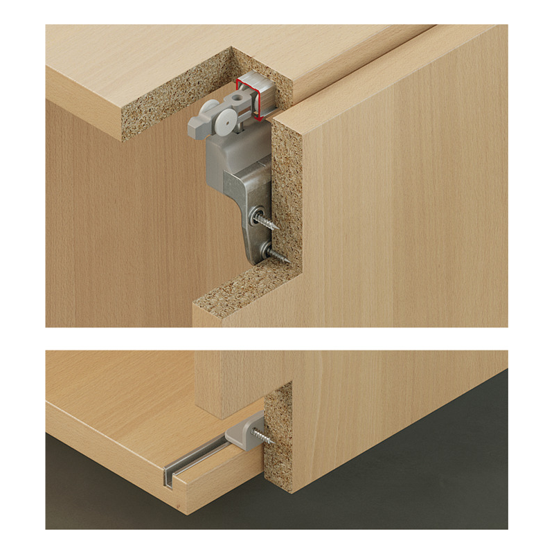 Juego de Herraje Slido Classic 20 VF C - Vorfront. Para 1 puerta corredera de madera hasta 20 kg y 1400 mm de altura. Incluye mecanismos con autocierre bidireccional, topes y guías. Ajuste de altura ±2 mm. Carriles no incluidos (pedir por separado). Ideal para armarios con cierre automático.