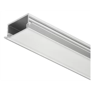 Perfil de Aluminio para LED - Acabado Plata y Difusor Escarchado El perfil escarchado de aluminio anodizado plata de 2500 mm es la solución ideal para la instalación profesional de tiras LED de 10 mm de ancho. Fabricado en aluminio de primera calidad con acabado anodizado plateado, este perfil no solo protege las tiras LED, sino que proporciona una difusión uniforme de la luz gracias a su difusor escarchado. Diseñado para empotrar (embutir), ofrece una integración perfecta en muebles, techos o paredes, garantizando un acabado estético y sofisticado.