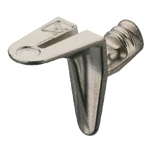 Soporte para estantes, Häfele Ixconnect SH-W-5080, para embutir en taladro Ø 5 mm, fundición de zinc Para estantes de madera, con 2 lengüetas en cuña, capacidad de carga 9,4 kg por pieza, niquelado