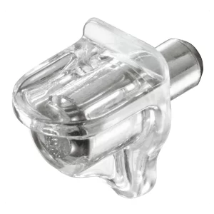 Soporte para estantes de madera o de cristal, Häfele Ixconnect SH-M-5515, para embutir en taladro Ø 5 mm, plástico con espiga de acero Para estantes de madera y de cristal, capacidad de carga 3,1 kg por pieza, transparente